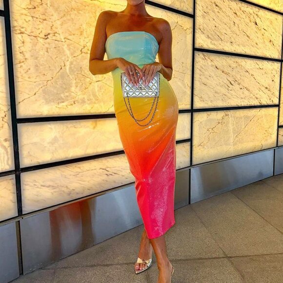 Women’s Slit Strapless Dress Sequin Cocktail Party Evening Gown Bodycon Dress M - Picture 2 of 9